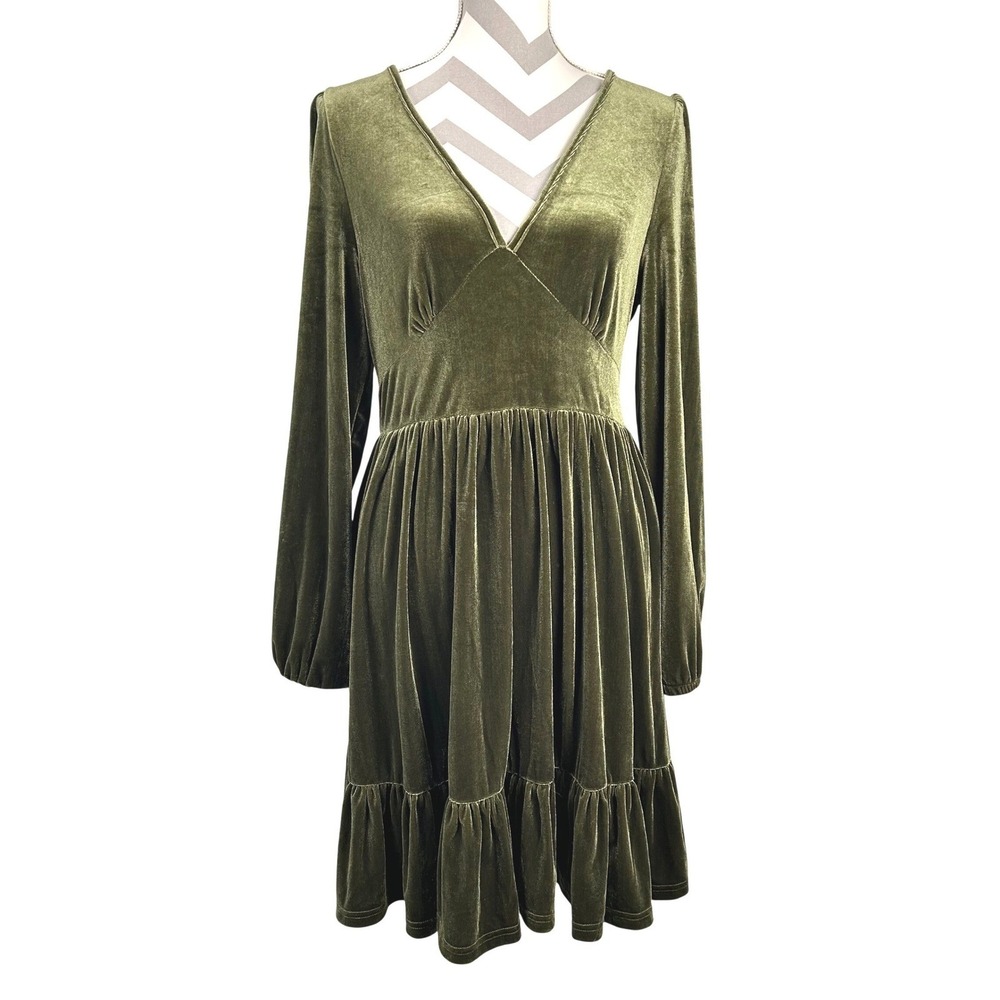 Halara Everyday Green Velvet Mini Chill Dress Long Sleeve Tiered Ruffle NEW